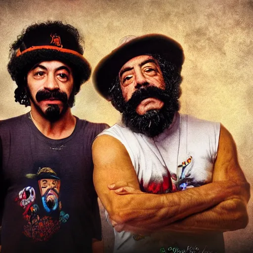 Image similar to portrait of cheech and chong, ultra realistic, highly detailed, hd, sharp focus, highly detailed, vivid colors, cinematic lighting,