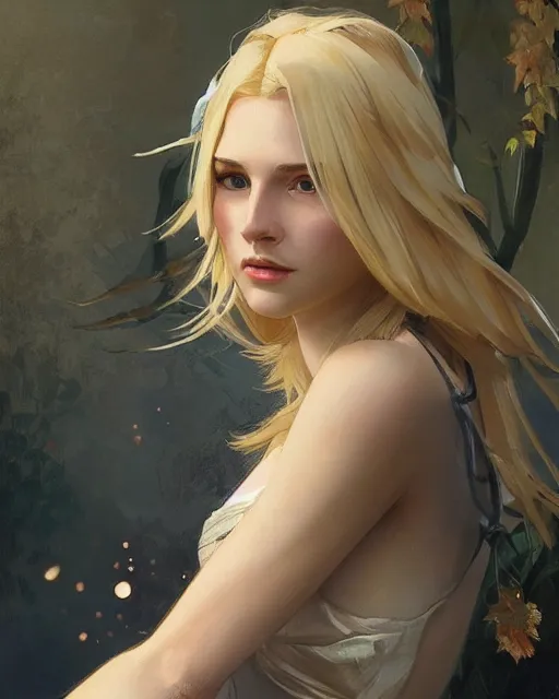 Image similar to '' Portrait of Beautiful blonde Slavic woman in her early 30’s, league of legends, LOL, fantasy, d&d, digital painting, artstation, concept art, sharp focus, illustration, art by greg rutkowski and alphonse mucha ''