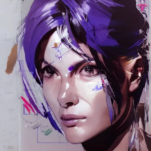Image similar to a beautiful side portrait painting of an angelical nurse. she has a purple cross in her forehead. looks like an angel. art by yoji shinkawa and sandra chevrier, trending on artstation, award - winning, perfect composition.