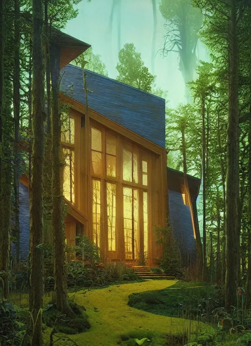 Image similar to hyper realistic witchy modern house with mood lighting and tech in the woods gorgeous lighting, sunbeams blue sky, highly detailed, lush forest foliage painting by zdzisław beksinski and norman rockwell and greg rutkowski weta studio, and lucasfilm