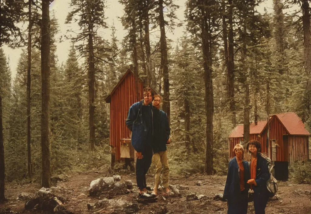 Image similar to lomo photo of two humans standing in front of a large cabin, cinestill, bokeh, out of focus, day, dramatic lighting