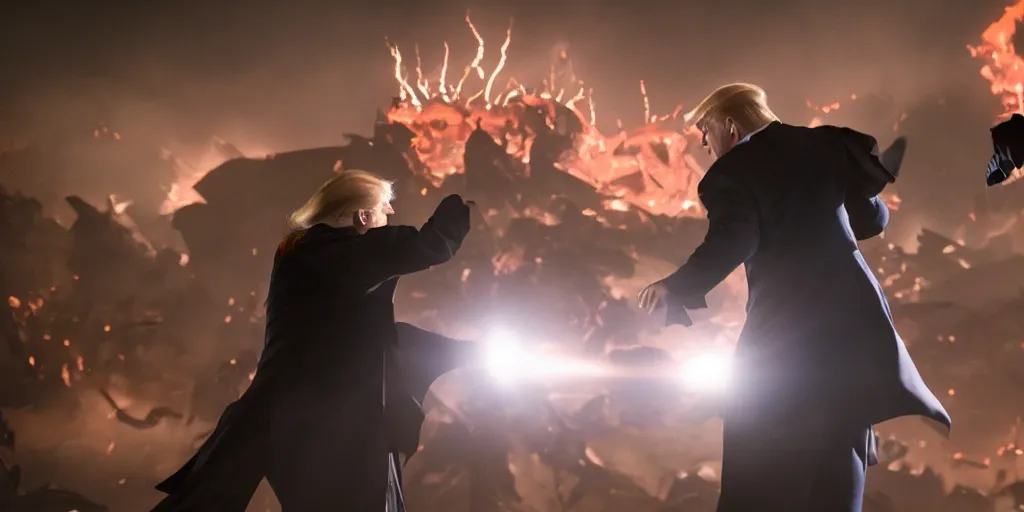 Prompt: a professional cinematic photo of donald trump fighting sauron at capitol. extremely high fidelity. key light.