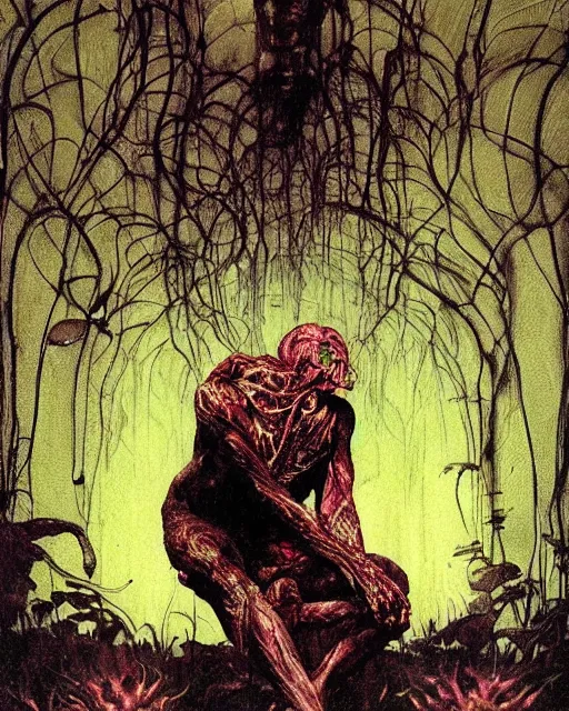 Prompt: dark fleshy figure seated in agony alone inside an empty dark library overgrown with plants in the style of Ayami Kojima, Amano, Karol Bak, Francis Bacon and Zdzislaw Beksinski, Edward Hopper and Norman Rockwell, highly detailed, very coherent, triadic color scheme, Victo Ngai and surrealism, airbrush, very coherent, triadic color scheme, art by Takato Yamamoto and James Jean