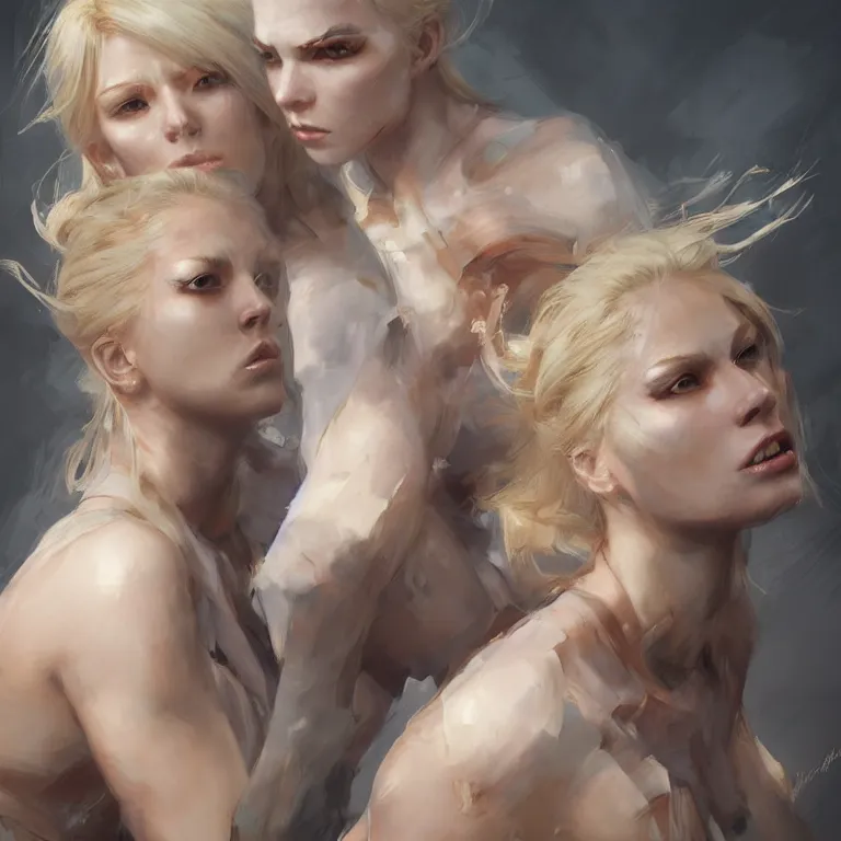 Prompt: Identical pale blonde haired Twin Women fighting each other by Ruan Jia and Mandy Jurgens and Artgerm and william-adolphe bouguerea, highly detailed, trending on artstation, award winning,