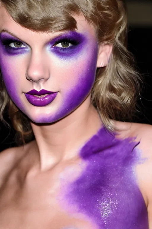 Prompt: purple Taylor Swift with purple face paint, purple body paint, purple dress