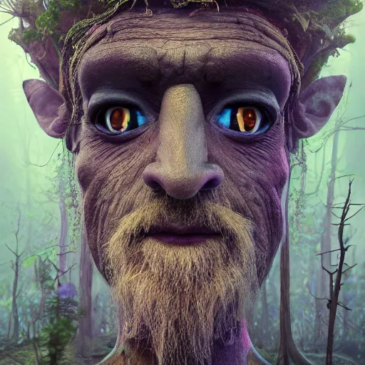 Image similar to surreal bioluminescent portrait of a trollmage made of bark in a misty forest by froud, bobby chiu, daniel merriam, trending on artstation, oil on canvas by elena zhurikhina and goro fujita, octane render, 4 k, 8 k, hd,