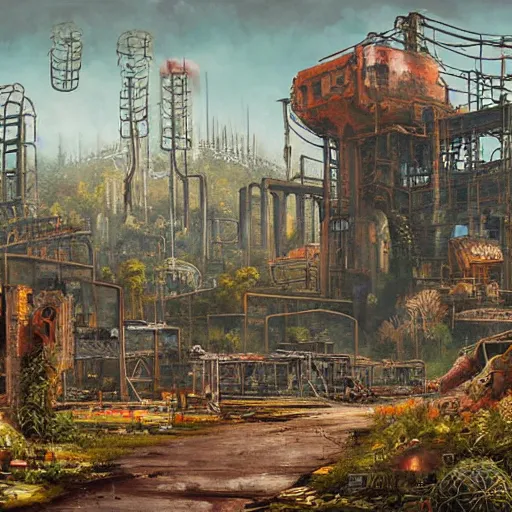 Prompt: beautiful painting of an industrial wasteland with balinese ruins and oriental decaying monuments in the style of Simon Stålenhag and H. R. Giger