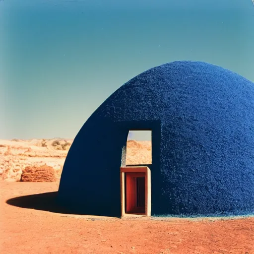 Image similar to a man sitting outside a Non-Euclidean orb-like clay house sitting in the desert, vintage photo, beautiful cinematography, blue sky, film grain, extreme wide shot, far away, James Turrell