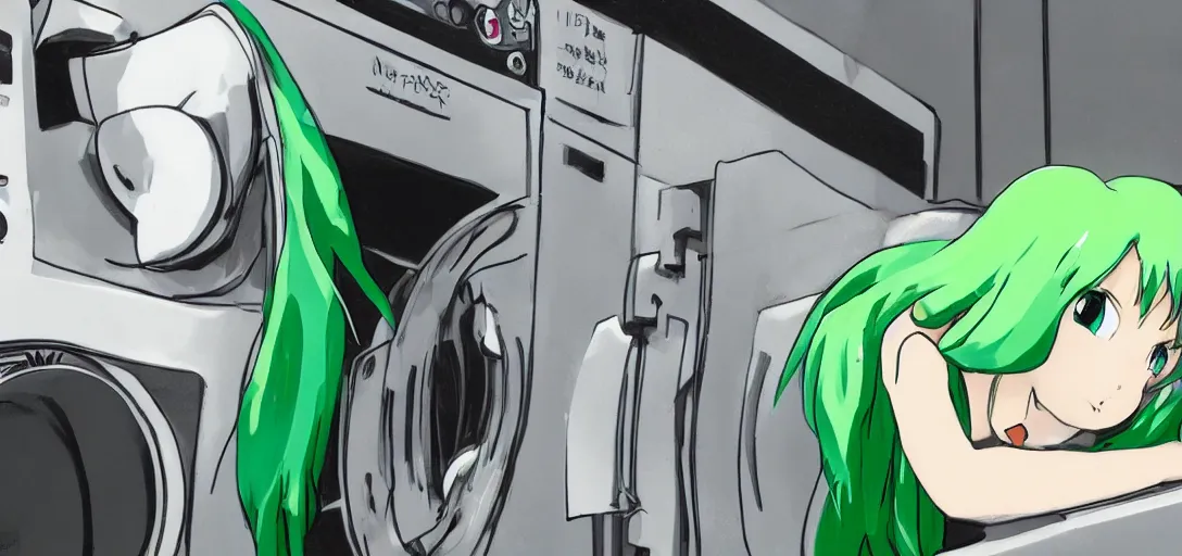 Prompt: a girl with green hair sitting on top of a washing machine inside of a laundromat by Hayao Miyazaki, anime style