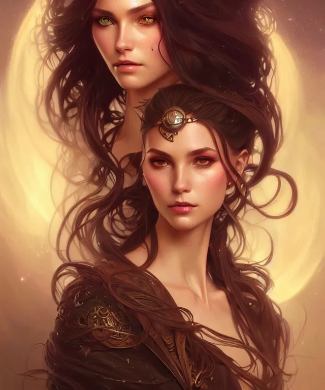 Image similar to fantasy magic woman portrait, sci-fi, amber eyes, face, long hair, fantasy, intricate, elegant, highly detailed, digital painting, artstation, concept art, smooth, sharp focus, illustration, art by artgerm and greg rutkowski and alphonse mucha