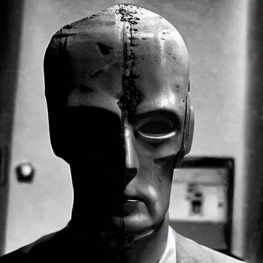 Prompt: movie scene of a man with a robot head, movie still, acting, cinematic composition, cinematic lighting, Movie by David Lynch and Andrzej Żuławski, pinterest-n 6