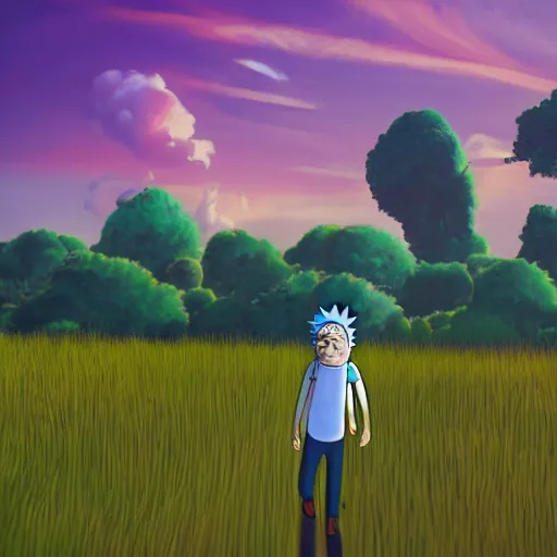 Prompt: portrait of rick sanchez, rick and morty, walking in a field. france, dordogne, hills, ultra high, face to camera, detail, 8 k, sunset, flowers, trees, river, octane render.