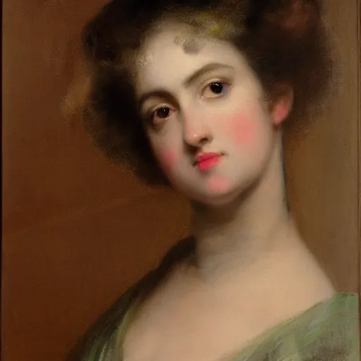 Image similar to electric purple by joshua reynolds ornate. a beautiful experimental art. she looks up at me, up & down. she has short - cropped hair, & a scar on her left cheekbone : just a line of black against her deep tan, precise & geometrical. her eyes are pale green.