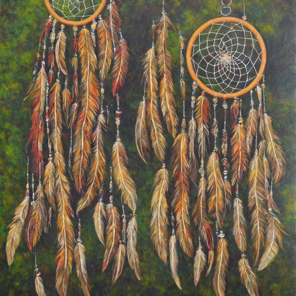 Prompt: dreamcatcher, native american art, peaceful, forest, countryside, realistic, oil painting,