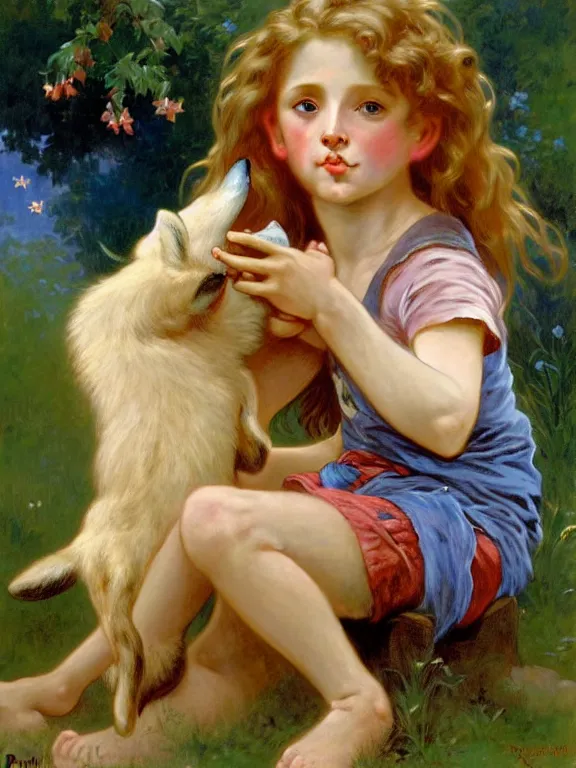 Image similar to a seven - year old with long curly dirty blonde hair, blue eyes, tan skin, a tee shirt and shorts, playing with foxes, painting by daniel gerhartz, alphonse mucha, bouguereau, detailed art, accurate facial details, freckled face, artstation