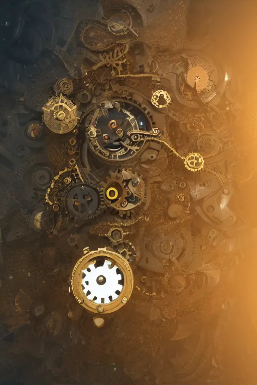 Prompt: steampunk clockwork maze of white and gold, octane render, bokeh, artstation, volumetric lighting, macro shot