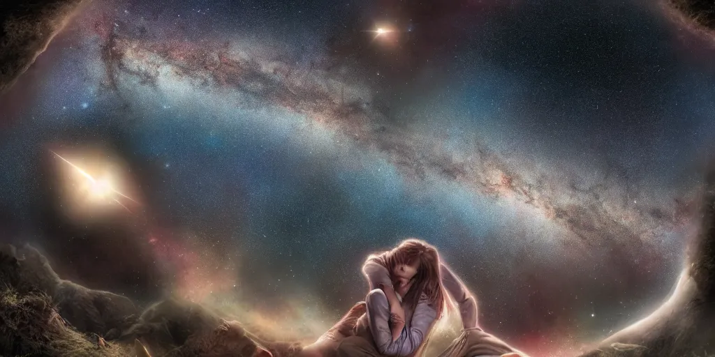 Image similar to Andromeda Milky Way Platonic love story by Jeff Easley cinematic, coherent, realistic faces, clear, detailed, intricate, dramatic lighting, establishing shot, 8k resolution