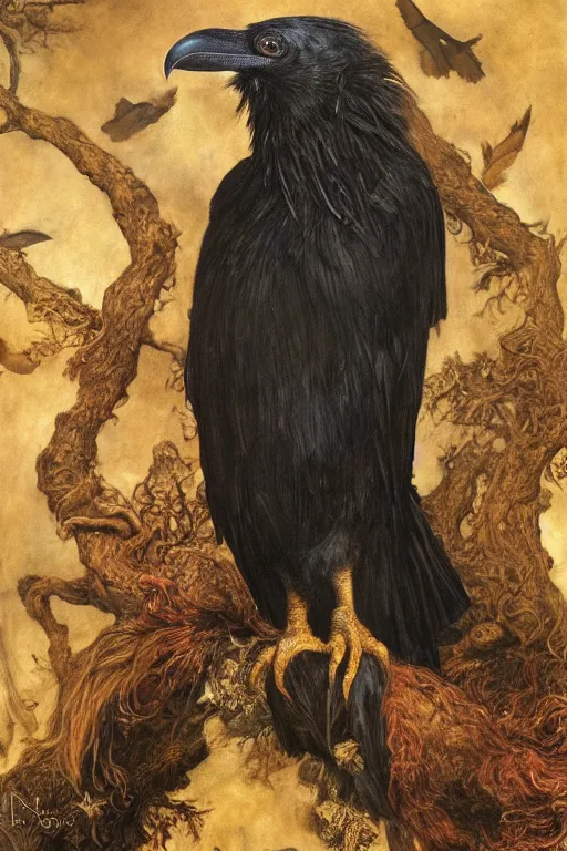 Prompt: a breathtakingly stunningly beautifully highly detailed animal portrait of a majestic raven, by rosetti and michael cheval and rosetti and turner, 4 k