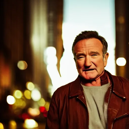 Image similar to a still of Robin Williams. Shallow depth of field. City at night in background, lights, colors ,studio lighting, mood, 4K. Profession photography