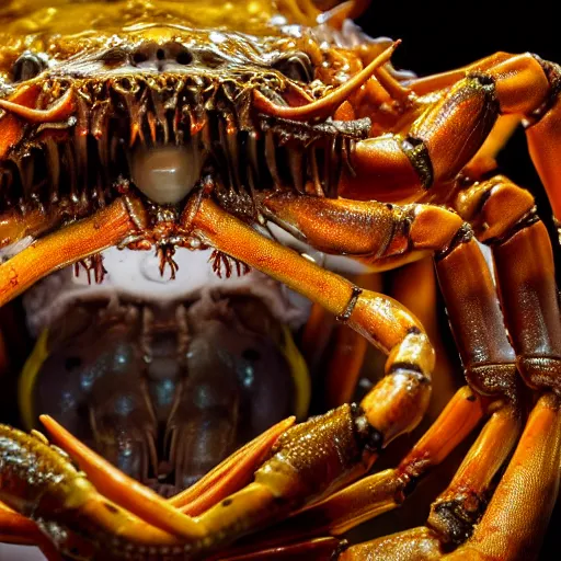 Image similar to photo taken of an epic intricate, ultra detailed, super realistic sculpture of a wet slimy nightmarish hellish demonic dead human head sprouting crab legs animatronic on display in a workshop, created by weta workshop, photorealistic, sharp focus, f 0. 4, face centred, macro photography, golden ratio, golden hour