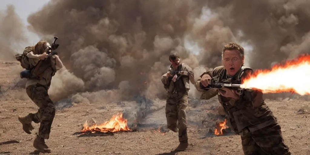 Image similar to movie still of hilary clinton fighting in libya, focused shot, realistic, smoke, fire, octane render