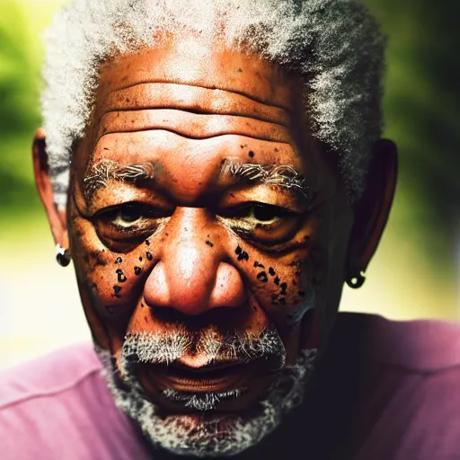 Image similar to a cinematic film still of Morgan Freeman starring as Lil Wayne, portrait, 40mm lens, shallow depth of field, close up, split lighting, cinematic