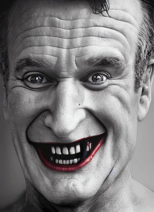 Image similar to photo of Robin Williams as the Joker by Lee Jeffries and Eolo Perfido, head shot, detailed, award winning, Sony a7R, trending on artstation