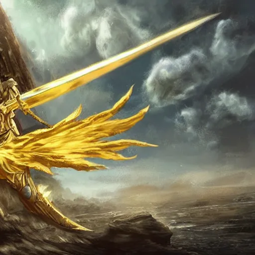 Image similar to an artwork of a giant golden sword, a broad blade sword weapon, epic fantasy style, fantasy epic digital art