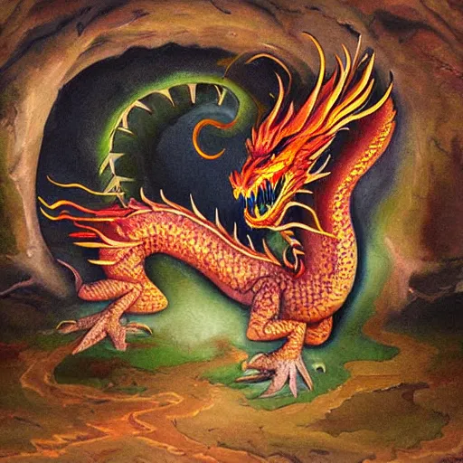 Prompt: beautiful painting kf a dragon guarding a cave
