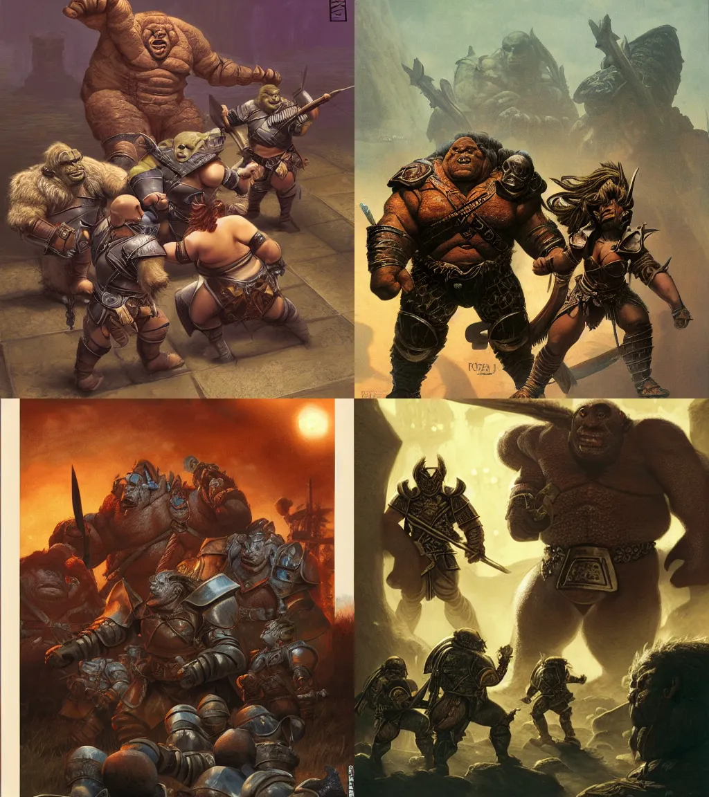 Prompt: a large ogre woman wearing leather armor confronting three tiny soldiers during a siege | hyper detailed | dungeons and dragons | volumetric lighting | style of jeff easley, ralph horsley, frank frazetta | big fat strong female ogre imposing |