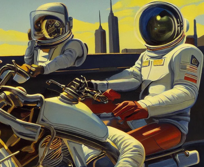 Image similar to a very detailed painting of a astronaut wearing a suit, riding a motorbike down a street, harley davidson motorbike, worm's - eye view, very fine brush strokes, very aesthetic, very futuristic, in the style of edward hopper and grant wood and syd mead, 4 k,