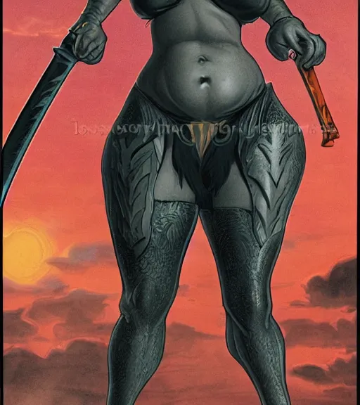 Image similar to 1 9 8 0 s fantasy novel book cover, bbw plus size amazonian emma watson in extremely tight bikini armor wielding a cartoonishly large sword, exaggerated body features, dark and smoky background, low quality print