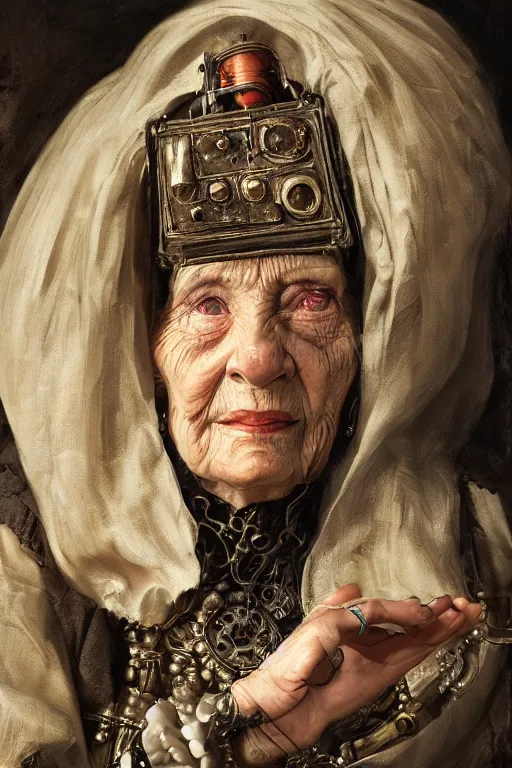 Prompt: portrait, headshot, digital painting, of a old 17th century, old lady cyborg merchant, amber jewels, vr headset, baroque, ornate clothing, scifi, futuristic, realistic, hyperdetailed, chiaroscuro, concept art, art by waterhouse and witkacy