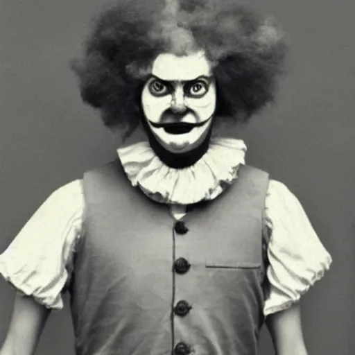 Image similar to ronald mcdonald clown booking photo, arrest, 1800s colorized