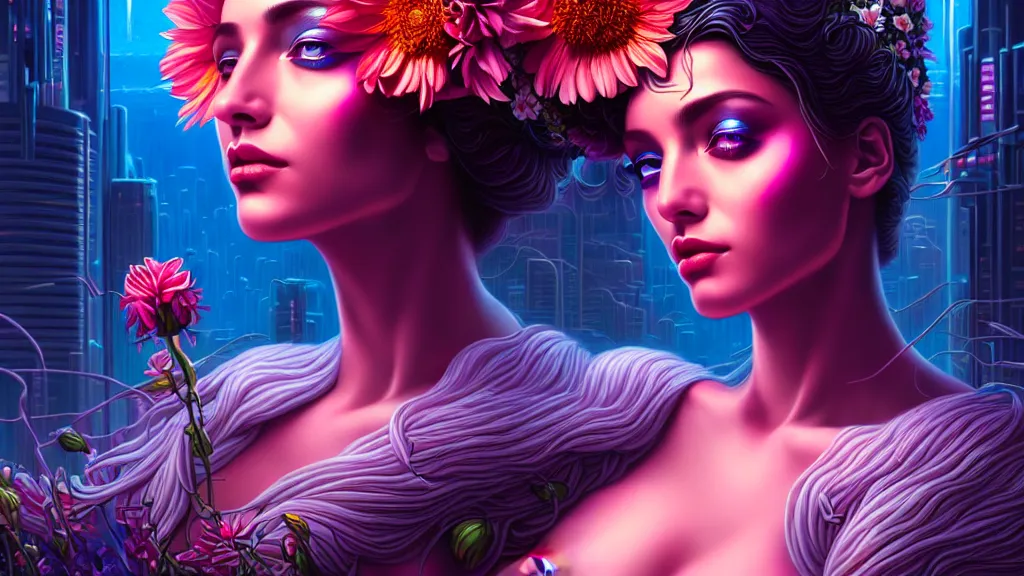 Prompt: a beautiful close up 4K portrait painting of a flower goddess in a sensual pose, in the style dan mumford artwork, in the background a futuristic cyberpunk city is seen.