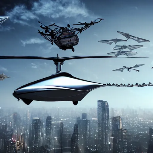 Image similar to amazingly detailed futuristic helicopter with shiny metal and robotic parts flying above large city, hd, artstation, scott robertson