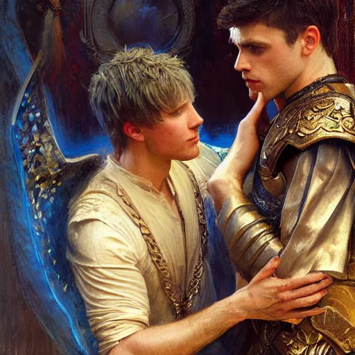 Image similar to attractive male arthur pendragon confesses his love to attractive male merlin. highly detailed painting by gaston bussiere, craig mullins, j. c. leyendecker 8 k