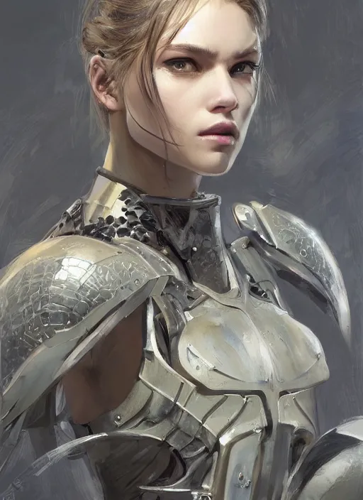 Image similar to a professional painting of a beautiful young female, clothed in military armor, olive skin, long dark hair, beautiful bone structure, symmetrical facial features, intricate, elegant, digital painting, concept art, smooth, sharp focus, illustration, from Metal Gear, by Ruan Jia and Mandy Jurgens and Artgerm and William-Adolphe Bouguerea