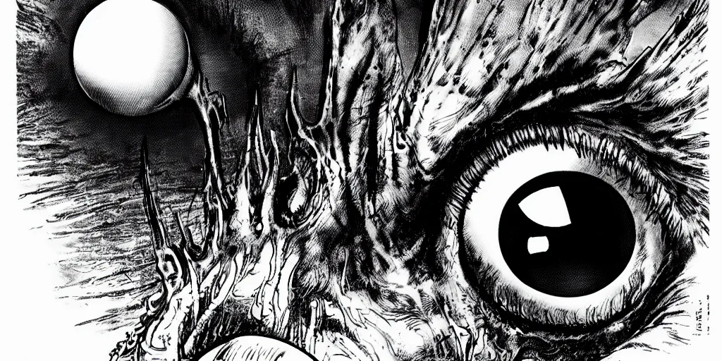 Image similar to a giant hand catches an eyeball, berserk, 4 k resolution, comic style ， by miura kentaro, ultra detailed,