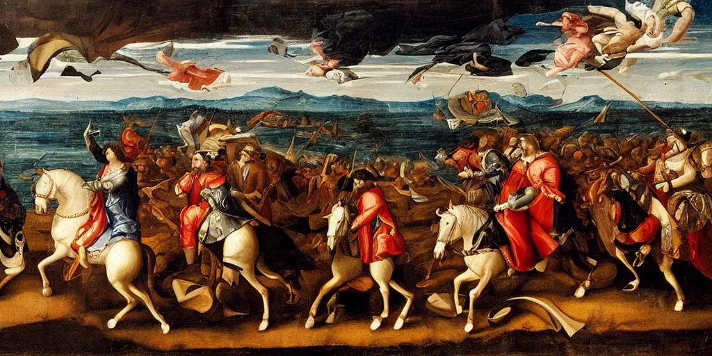 Image similar to renaissance-style painting of knights riding orcas instead of horses on a battlefield in Italy, very dramatic atmosphere,