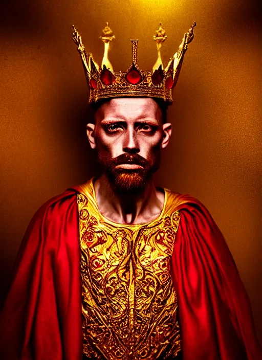 Image similar to 'Portrait of Crowned King Arthur' by Lee Jeffries royally decorated, whirling plasma, atmospheric motes, red and gold Sumptuous garb, gilt silk fabric, radiant colors, fantasy, perfect lighting, studio lit, micro details,