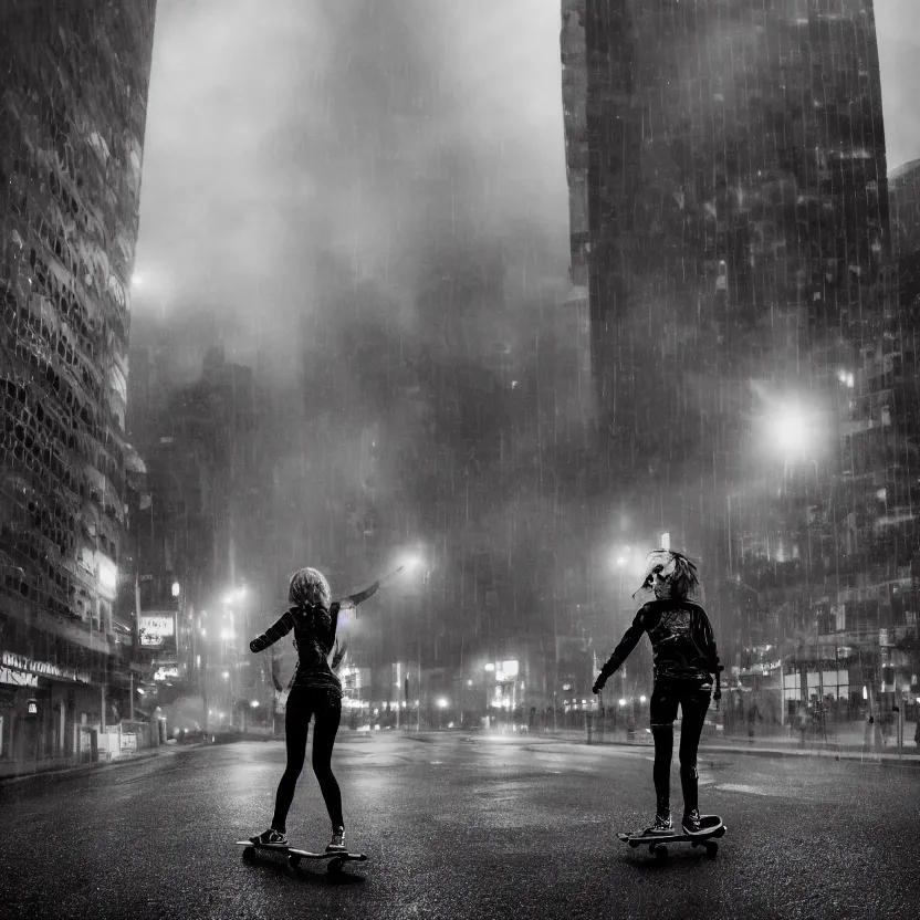 Image similar to punk girl skateboarding in the city, backlit cyberpunk buildings, wet roads at night reflecting the lights from buildings, dust, fog, cloudy night sky, dslr, 4 k, fisheye