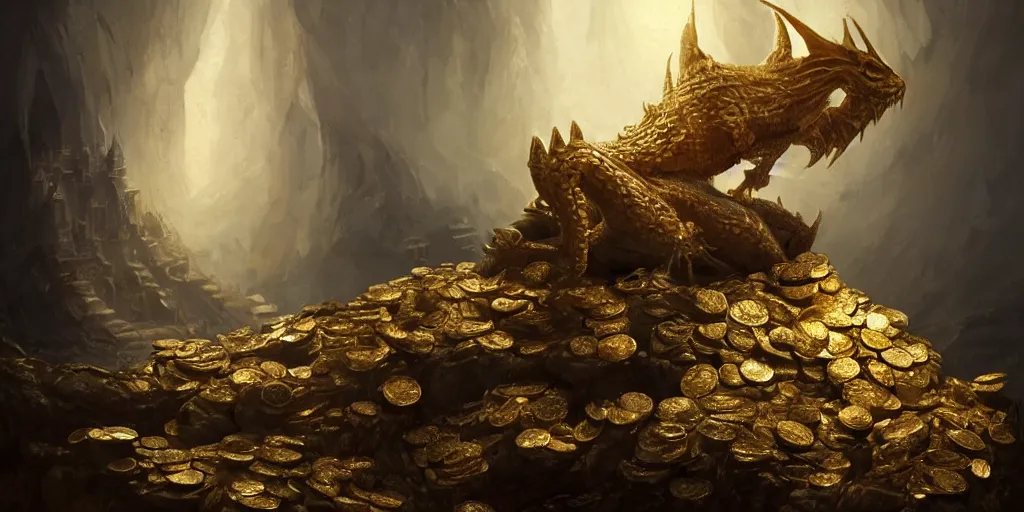 Image similar to concept art of a white scaled dragon laying on a mountain of golden coins and precious jewels inside a dark castle, medieval, dark concept art, jewels, gold, painting by wlop, nixeu and greg rutkowski, beautiful, semirealism, artstation, octane render, sharpness, 8 k, golden ratio