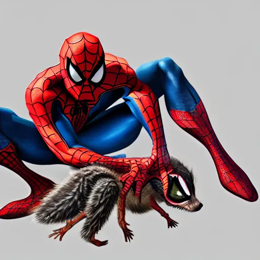 Image similar to spider - man sit on the raccoon and eating donuts, concept art, trending on artstation, highly detailed, intricate, sharp focus, digital art, 8 k