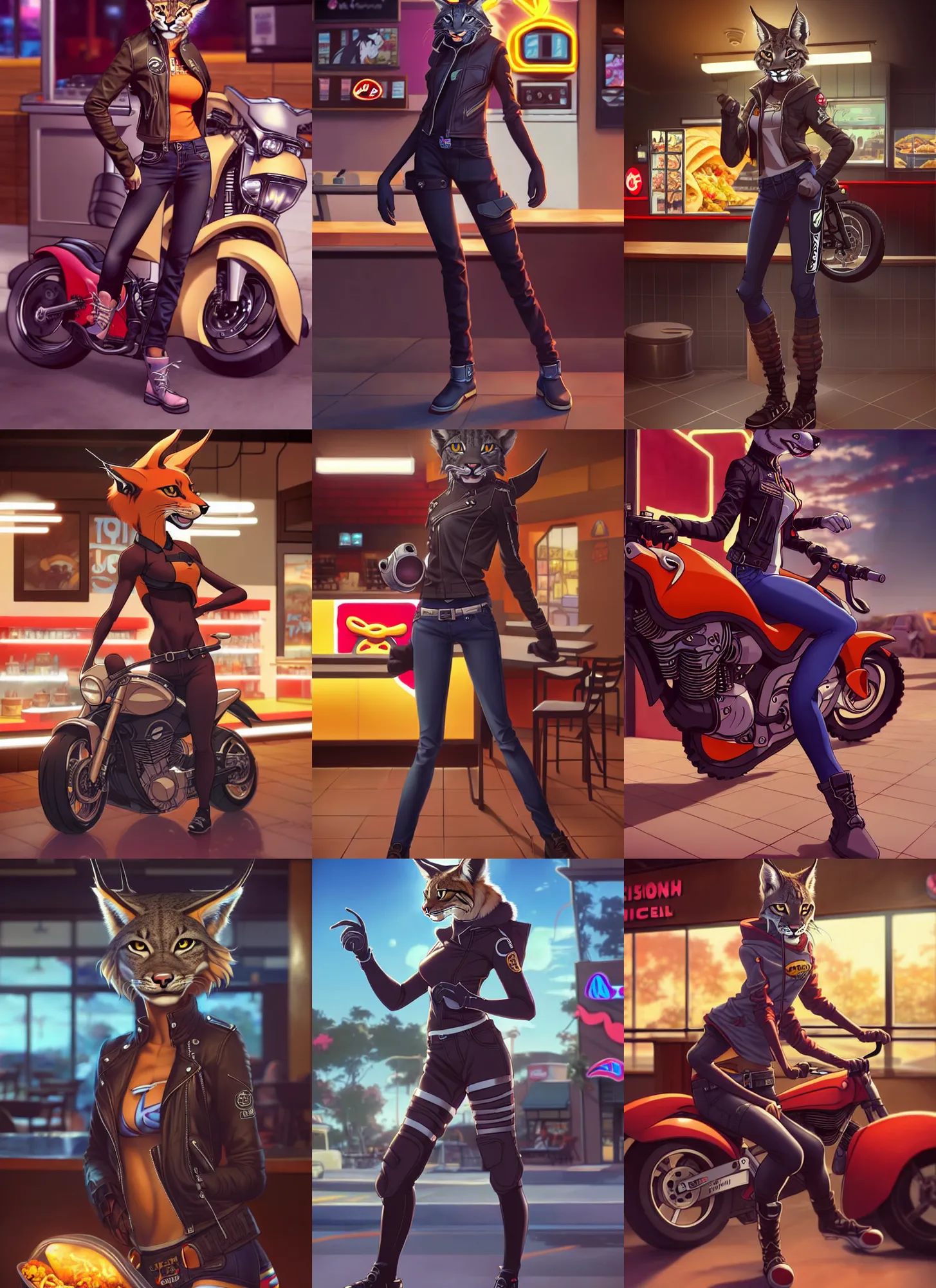 Prompt: wide angle beautiful full body portrait of a strong female anthropomorphic anthro lynx fursona wearing biker clothes inside a taco bell. character design by disney, anime, manga, charlie bowater, ross tran, artgerm, and makoto shinkai, detailed, soft lighting, rendered in octane