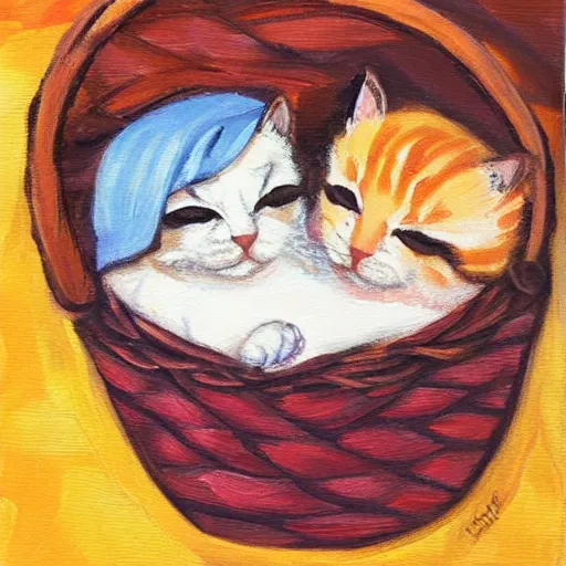 Prompt: two kittens sleeping in a basket, acrylic paint, warm color palette, happy