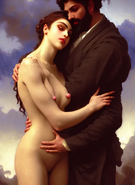 Image similar to kitsch mills and boon romance novel cover with elder god cthulhu!! hugging eva mendes, they are in love, by william - adolphe bouguereau, john singer sargent, digital painting, artstation, concept art, smooth, sharp focus, warm lighting,