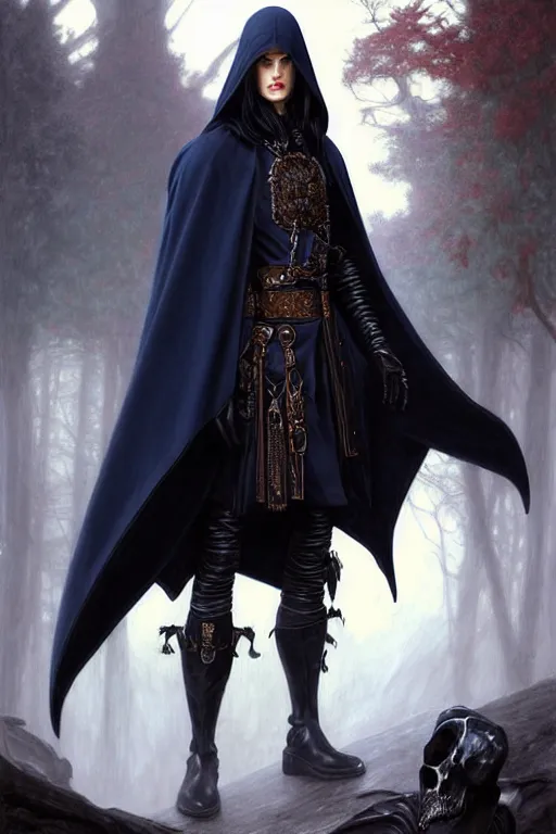 Image similar to handsome male fighting a giant, long black hair blue eyes wearing cloth mantle gothic navy cloak with leather details, bone plants, fantasy character portrait, ultrarealistic, intricate details, elegant, cinematic lighting, highly detailed, artstation, cgsociety, sharp focus, beautiful digital painting by artgerm, gerald brom, wlop, alphonse mucha