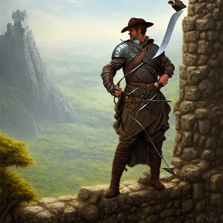 Image similar to middle age ranger with rugged expresions falcon pet on his sholder holding a long sword, top a cliff observing old ruins of a castle, elegant clothing, photorealistic render, matte patining, highly detailed, artstation, smooth, sharp focus, art by michael whelan, artgerm, greg rutkowski