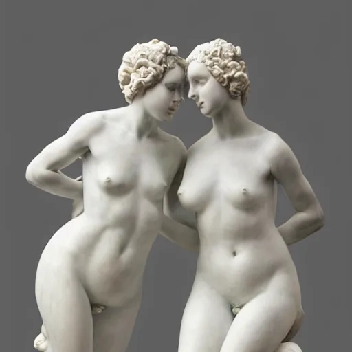 Prompt: sculpture of the beautiful venus and aphrodite looking at each other, full body, hyperrealistic style in carrara marble